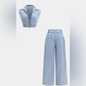 Micas Denim V-Neck Zipper Tank Top And Jeans Set